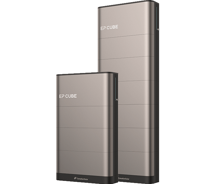 Twee grijze zonnepanelenomvormers van Canadian Solar, één kleiner en één groter, met het label "EP CUBE".