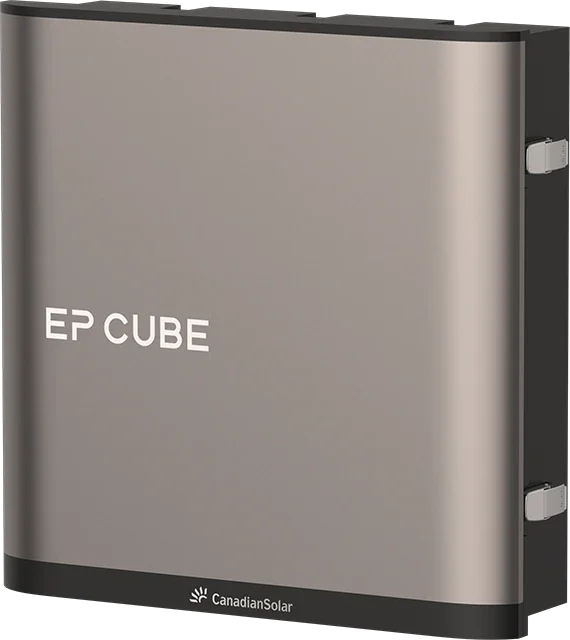 Zonne-energie-opslagsysteem met de tekst 'EP CUBE' en het logo van Canadian Solar.