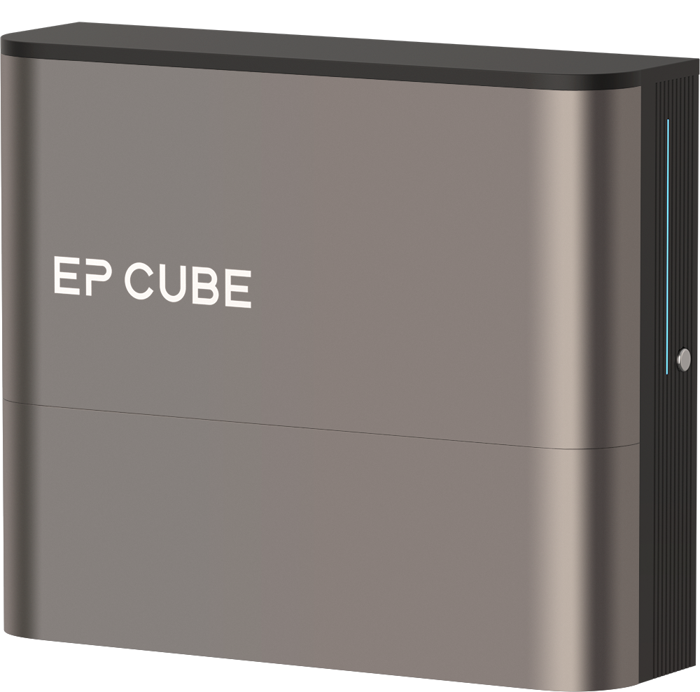 Een grijze Epic Cube met een verticale blauwe lichtlijn aan de rechterkant en een knoopje daaronder.