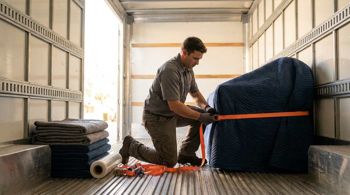 A man kneeling inside a moving truck, securing furniture with an orange strap. There are folded blankets on the floor to his left.