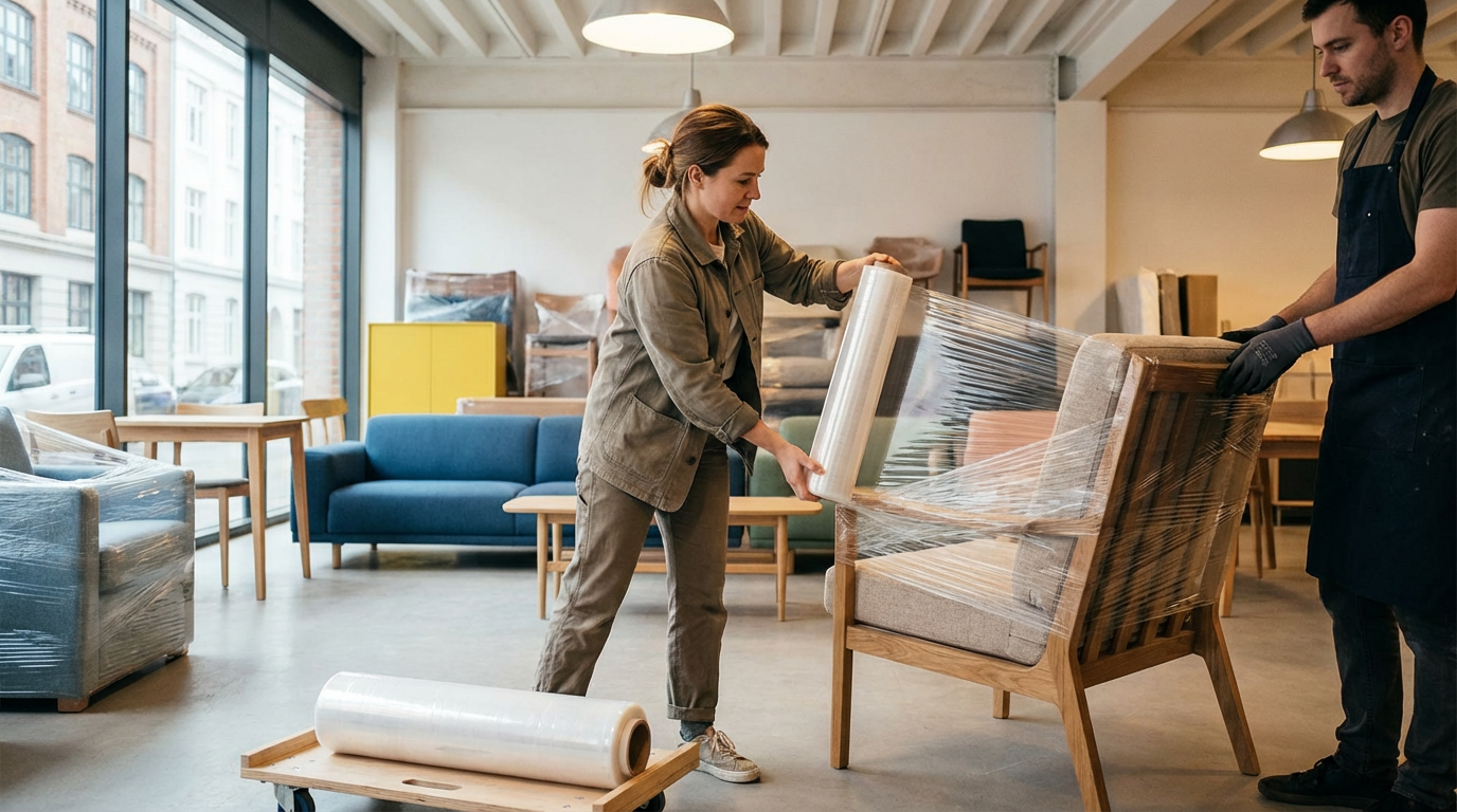 Two people wrapping furniture with plastic stretch wrap in a well-lit furniture store or showroom.