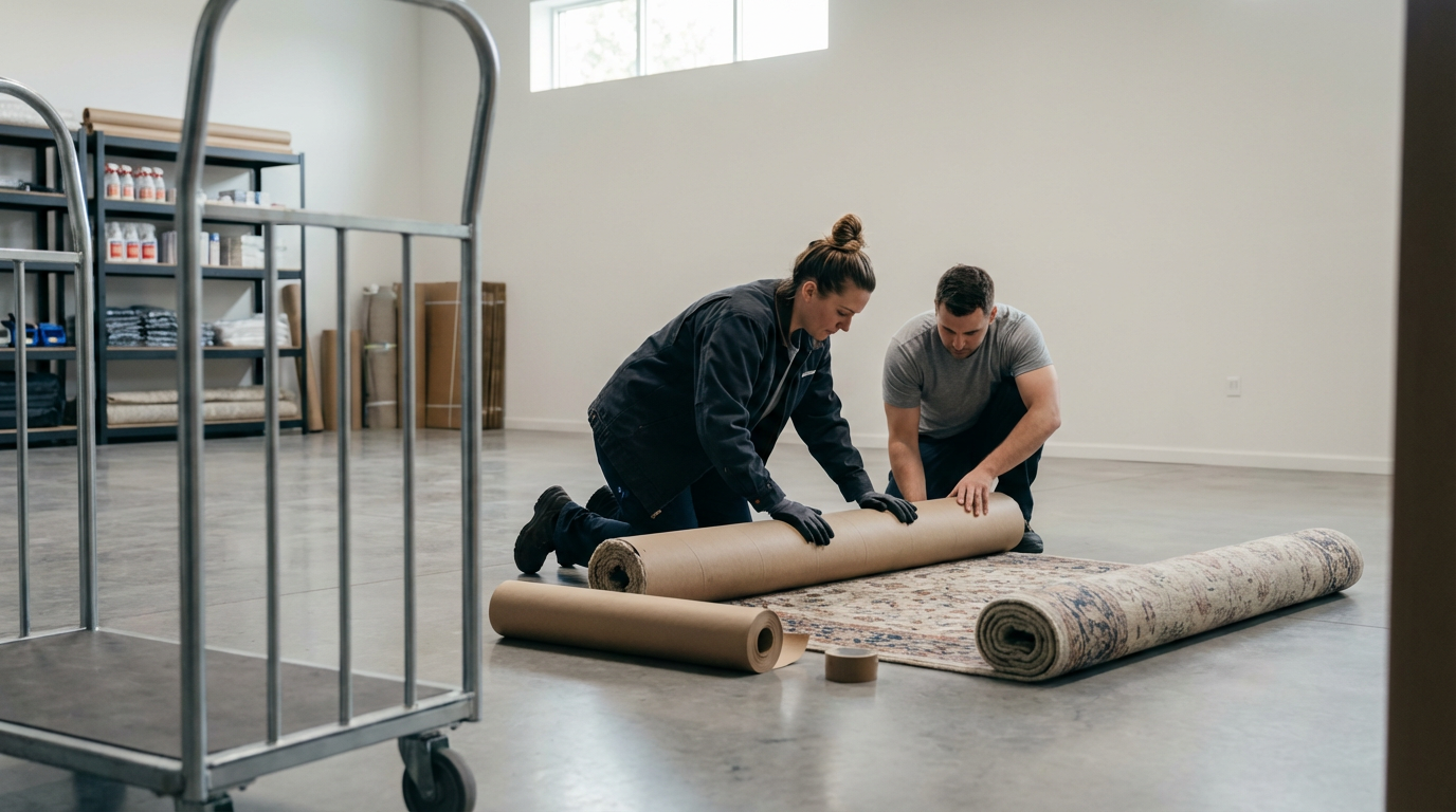 Two people are rolling out a large rug in an empty room with high windows and white walls.