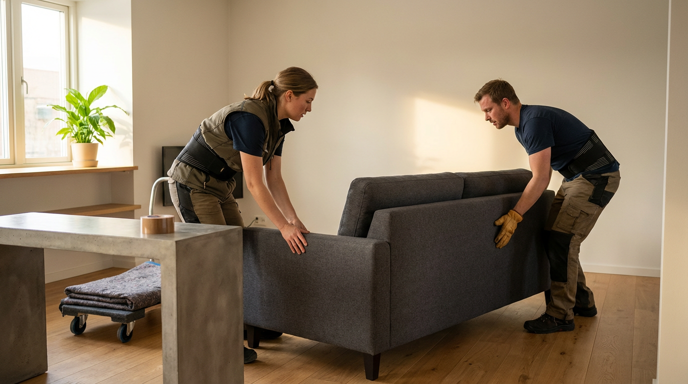 Two adults moving a dark gray sofa in a living room with wooden flooring and a window with a plant on the sill.