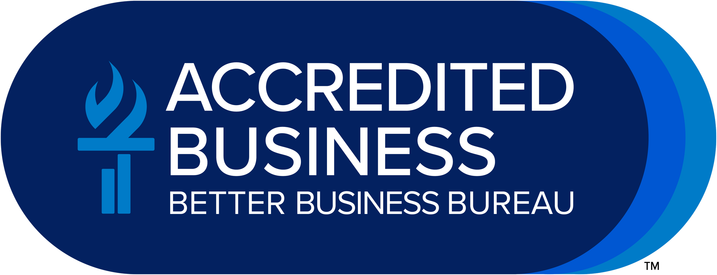 Blue badge with the words 'Accredited Business' and 'Better Business Bureau' with a stylized flame logo.