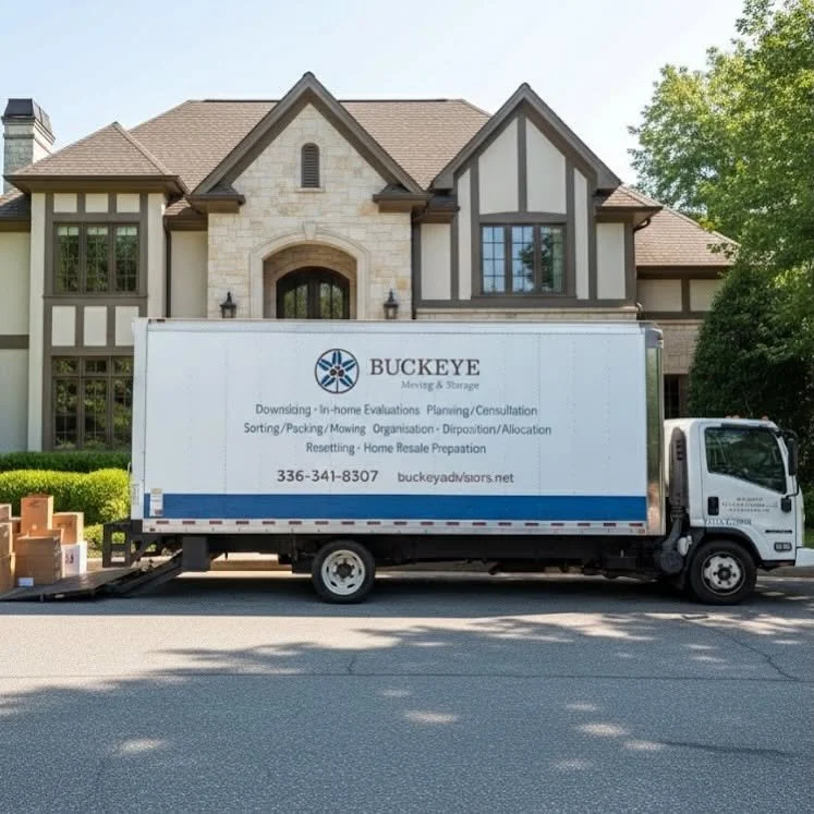 A moving truck labeled Buckeye Moving & Storage parked in front of a large, elegant house with a stone facade and gabled roof.