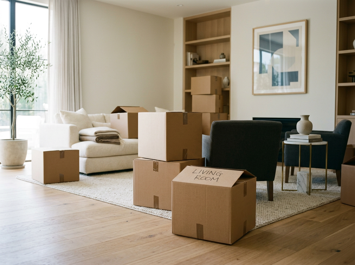 Living room with cardboard boxes, a white sofa with pillows, a black armchair, a side table with a vase and books, and a built-in bookshelf. Large window with curtains and a potted plant. The boxes have a sign that says "Living Room."