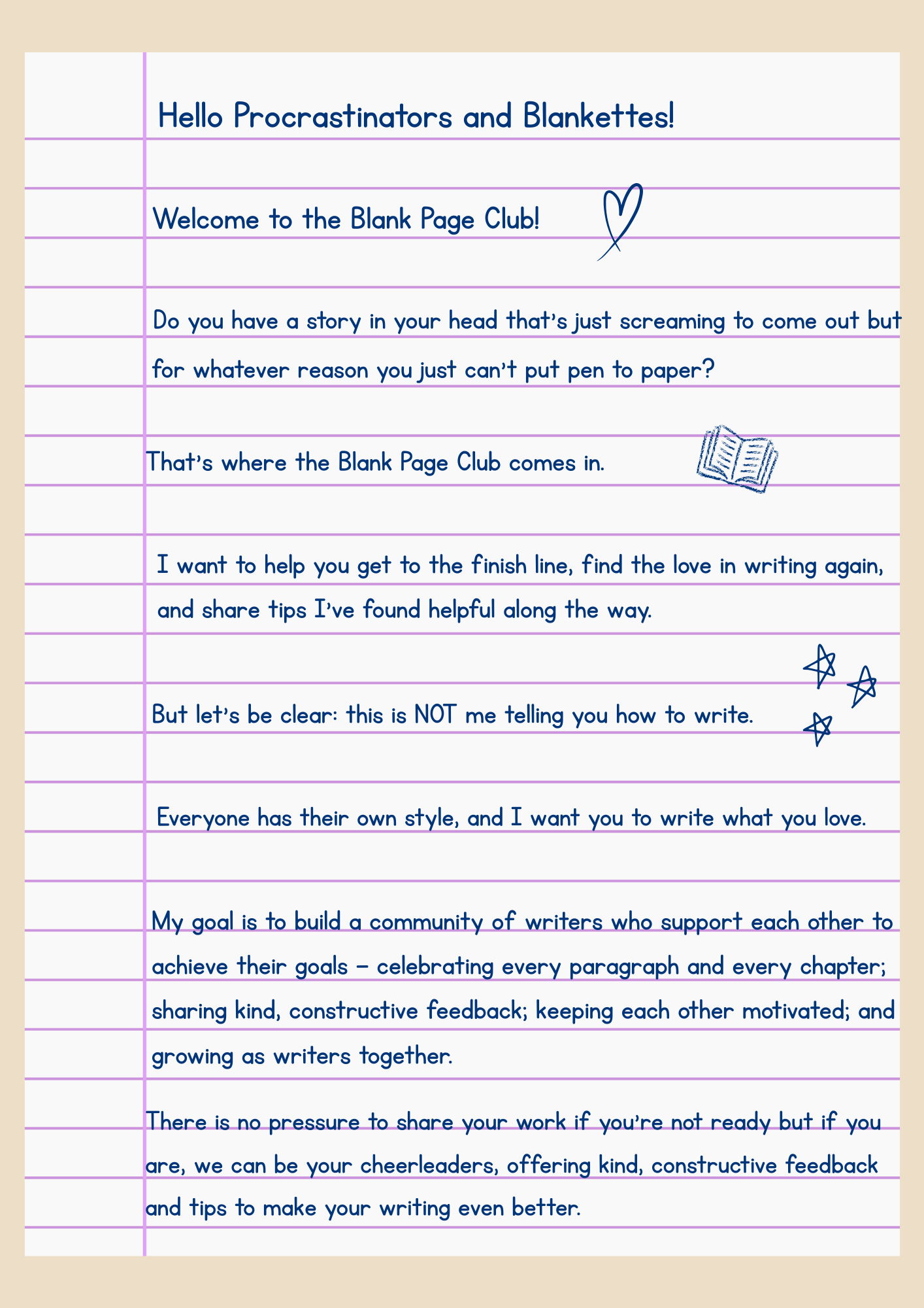 A handwritten note on lined paper with doodles of a heart, an open book, and stars, containing encouraging text about writing and community for writers.