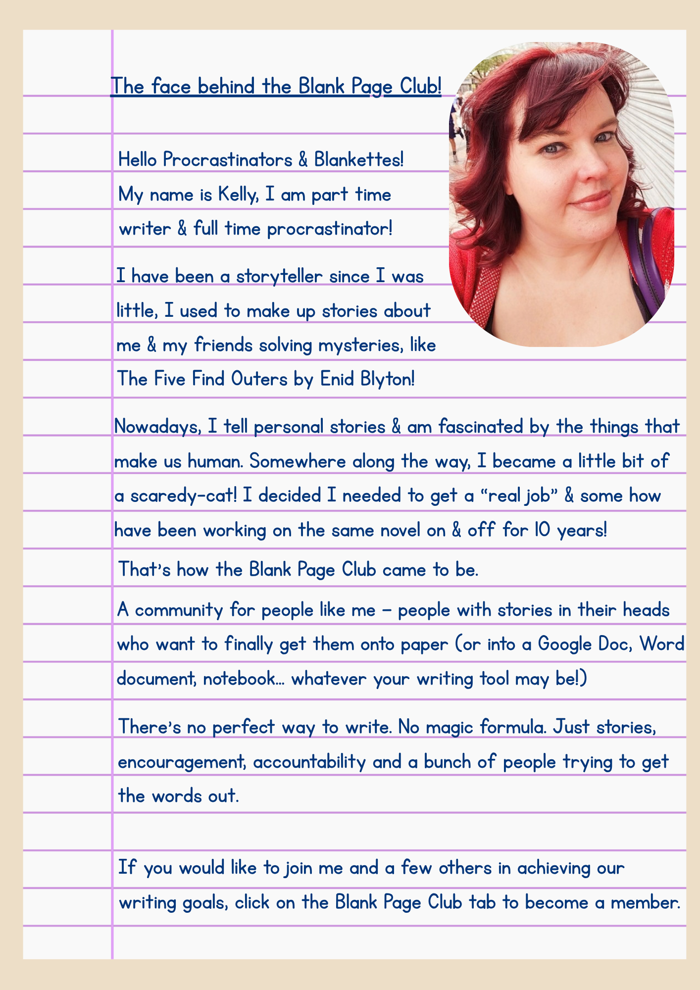A letter with a header 'The face behind the Blank Page Club!', a photo of a woman with red hair in a circle on the right side, and text explaining her background as a part-time writer and storyteller, describing her journey and encouraging others to join the club.