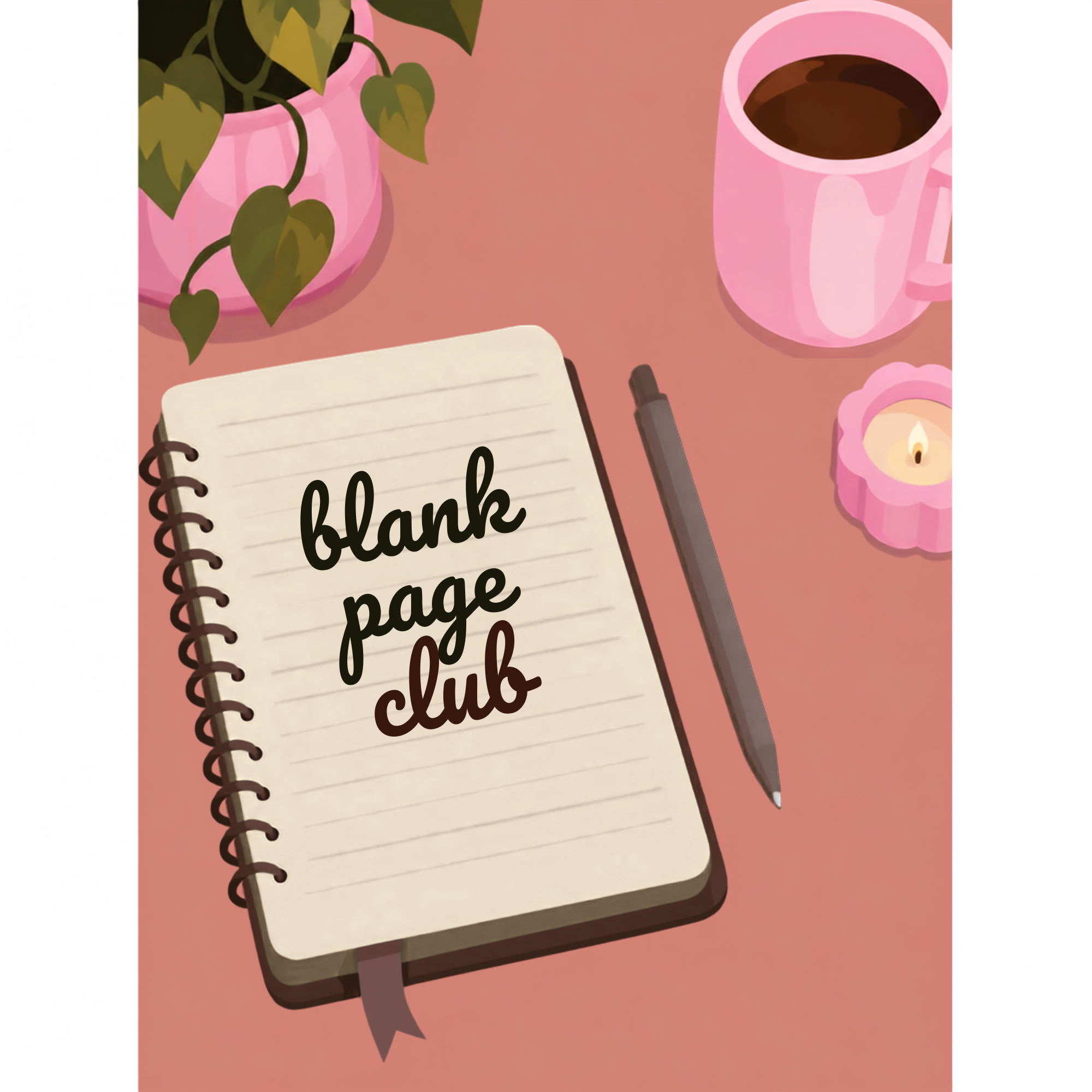 A pink notebook with the words 'blank page' written on it, surrounded by a black pen, a pink candle, a pink mug filled with coffee, a pink flower-shaped tealight holder, a pink vase with green heart-shaped leaves, and a candle, all placed on a pink background.