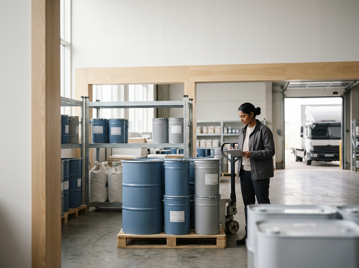 A woman in a warehouse viewing a clipboard near metal shelves filled with large blue and gray containers and drums, with a truck in the background.