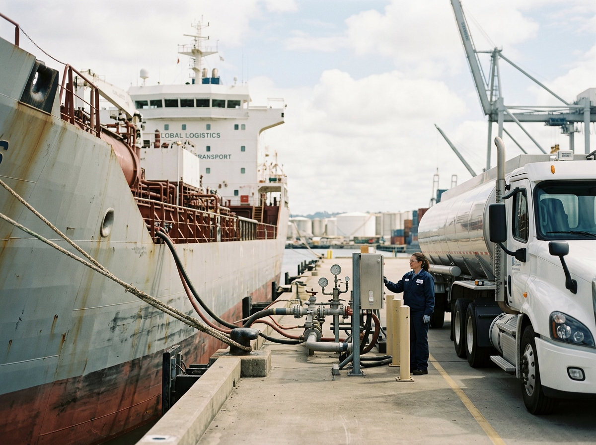 A woman in a navy uniform and gloves operates valves on hoses connected to a large cargo ship docked at a port, with a tanker truck nearby.
