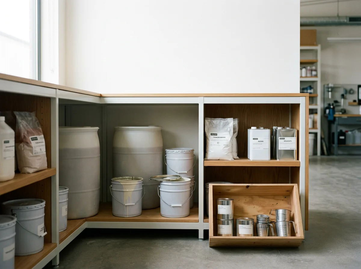 Shelves with various containers, jars, and buckets in a room with concrete floor. Some containers are white with lids, and others are made of metal or plastic. Background shows a workshop area with tools and storage.