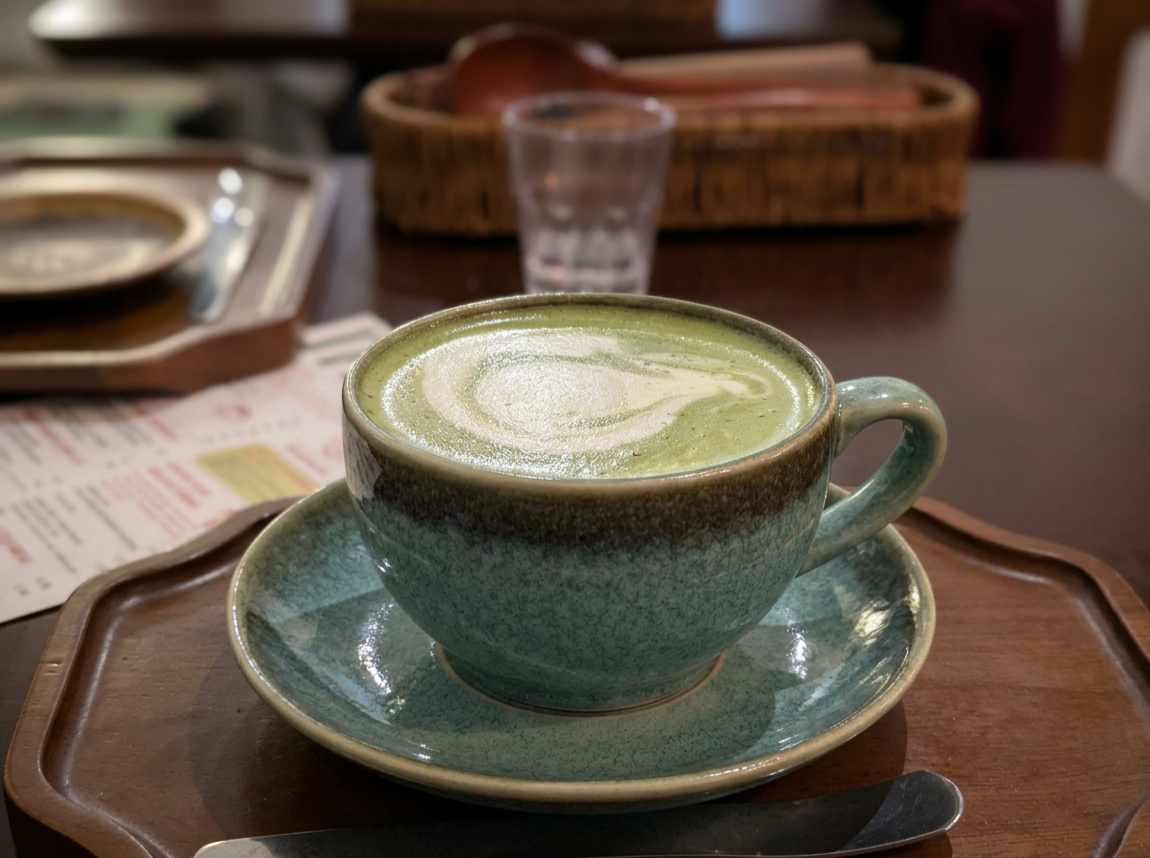 A ceramic cup filled with a frothy green matcha latte on a matching saucer, placed on a wooden tray on a dark brown table in a cozy cafe setting.