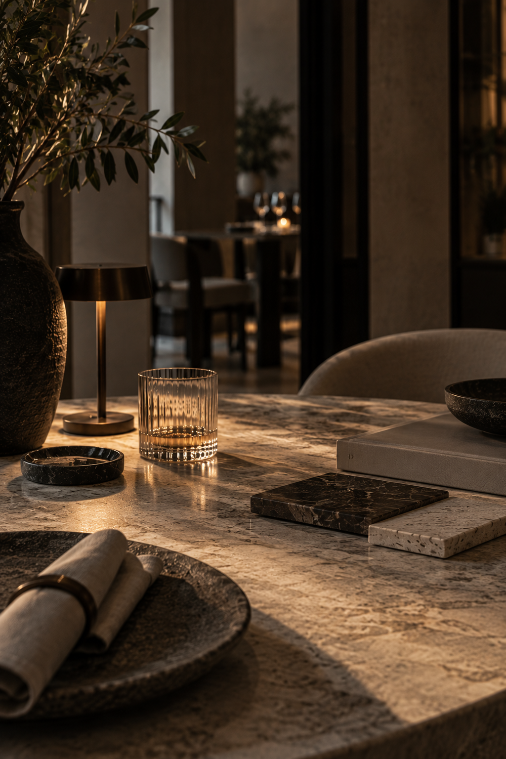 Refined hospitality concept setting with natural stone, material samples, elegant tableware and warm architectural lighting.