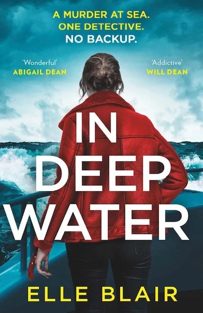 Book cover for 'In Deep Water' by Elle Blair. Features a woman with curly hair in a red jacket on a boat, facing turbulent water.