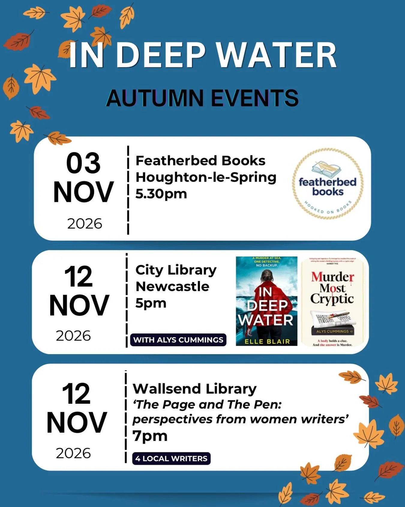 Autumn&rsquo;s officially here 🍂

For me, the best things are great telly and getting cosy with a book.

I&rsquo;ve got a few local events coming up - and yes, I am squeezing two in on the same night. Spinning plates is very DI Rachel Harlow coded ?