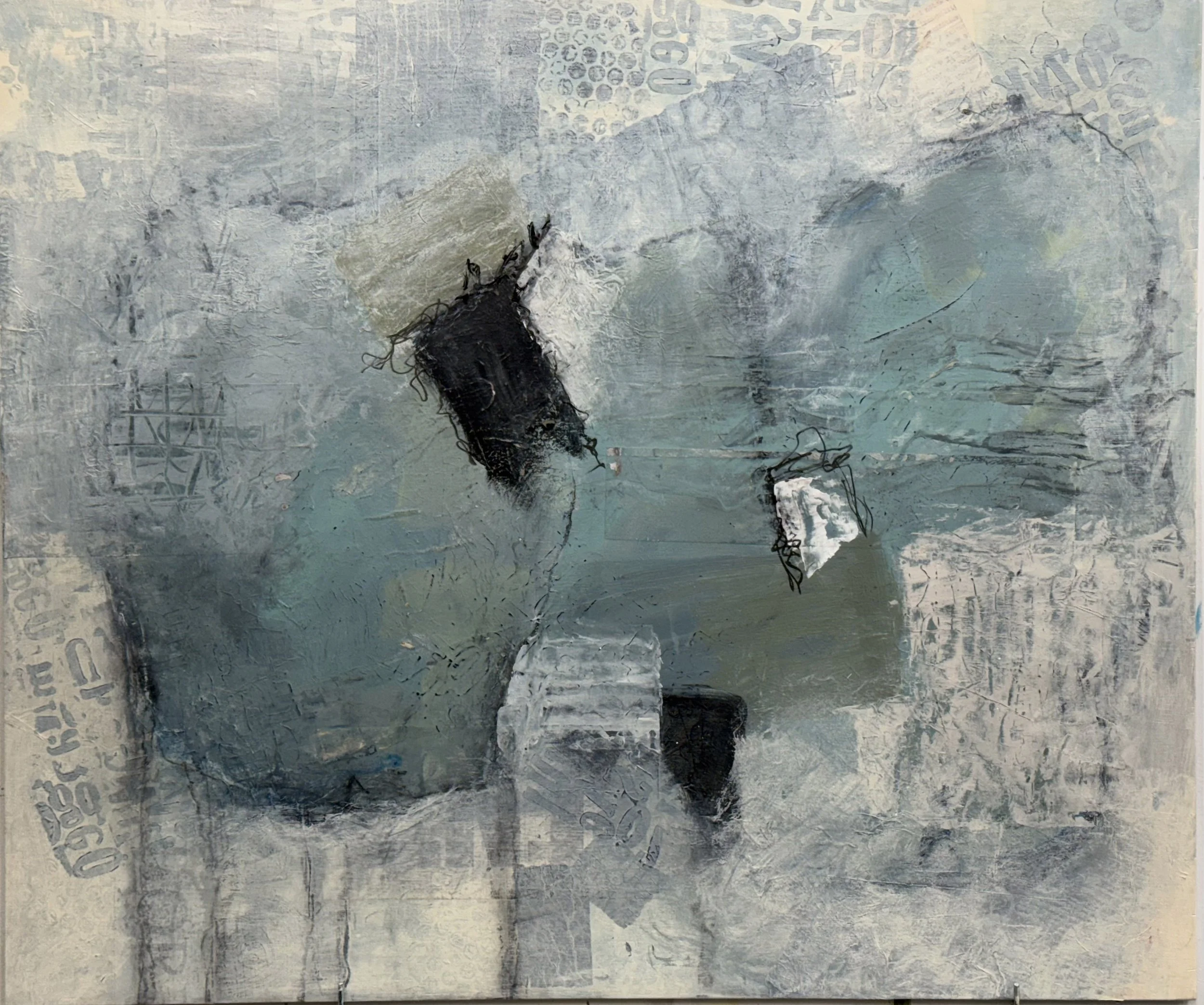 Abstract mixed-media painting in muted blue-gray tones with layered textures, collage elements, and dark geometric forms.