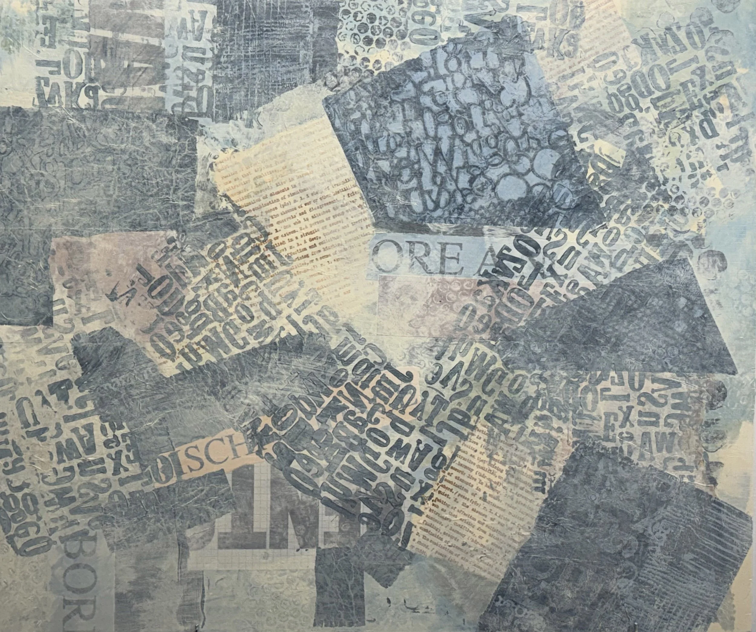 Abstract collage of overlapping newspaper clippings, printed text, letters, and numbers in muted blue-gray and beige tones.
