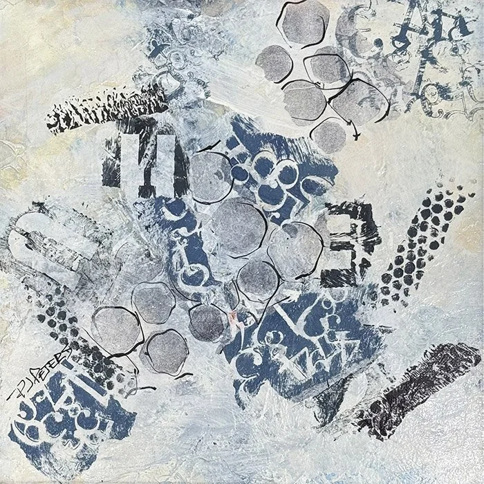muted background of blue, displays various shapes that appear to be moving into place.