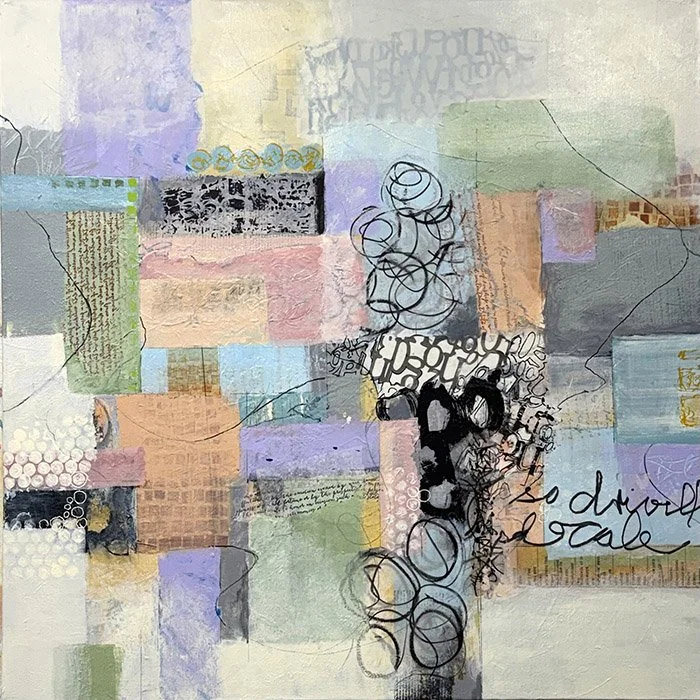 Multi-colored background with random square and rectangles with a variety of patterns and writing.