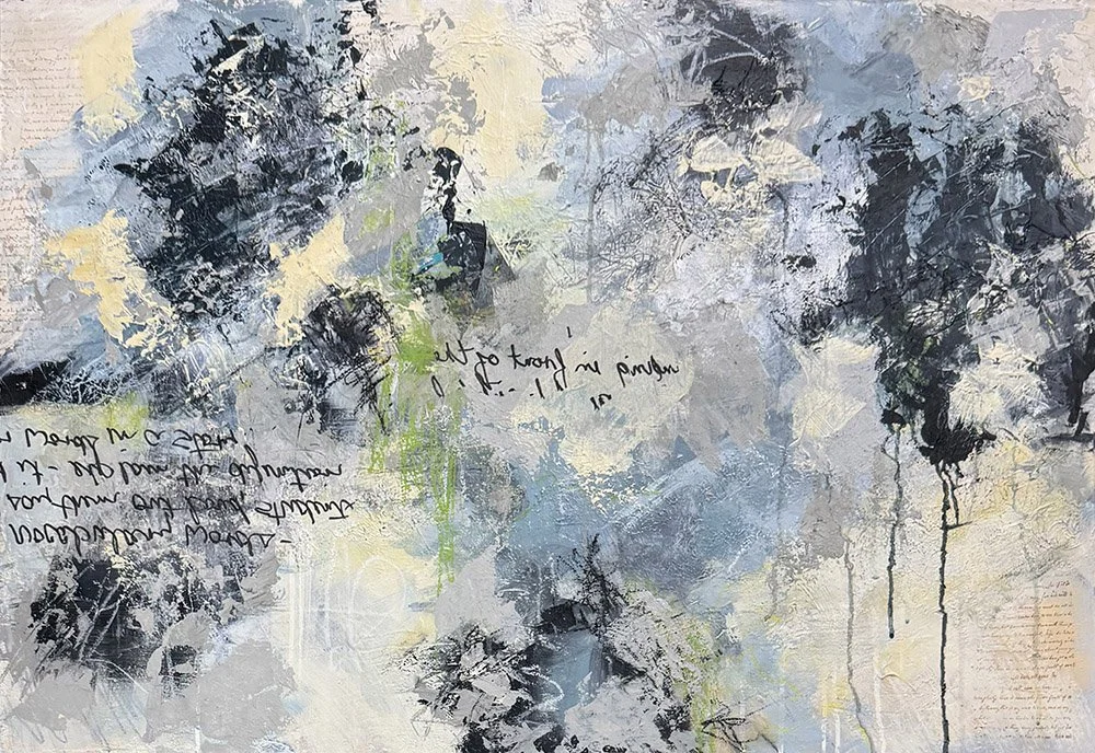 Blues, blacks and pale yellow, green and orange highlighting the layers beneath.