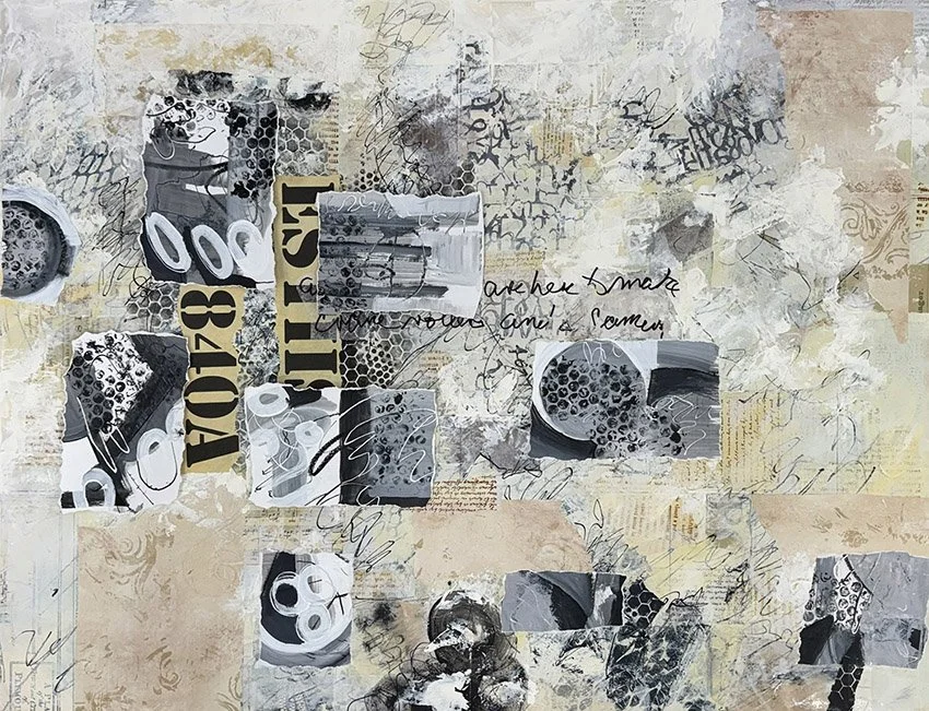 Over a neutral-colored background of taupes and light browns, additional collage pieces reveal pizza like images in blacks and grey.