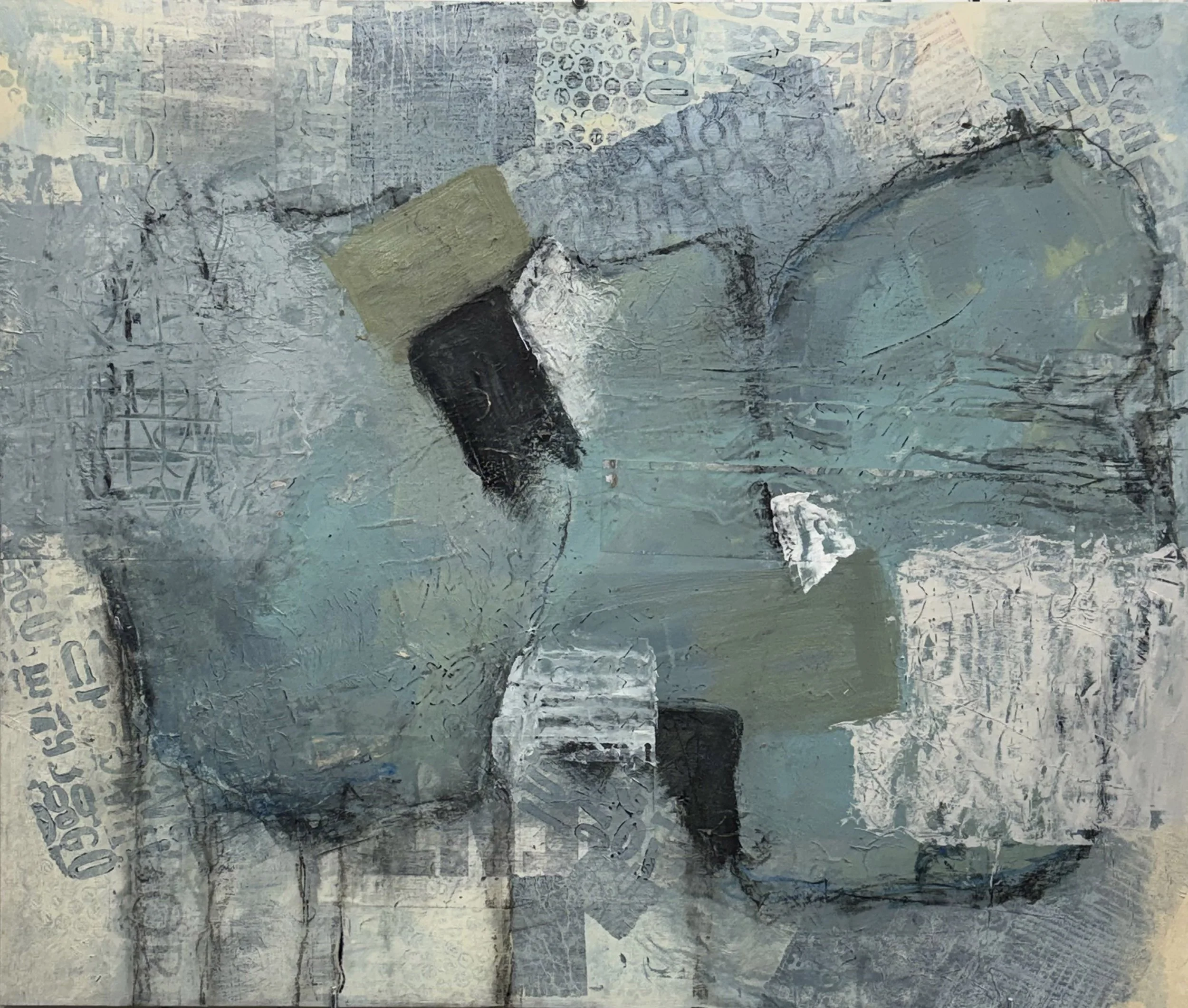 Abstract mixed-media collage in muted blue-gray tones with layered textures, newspaper fragments, geometric shapes, and handwritten marks