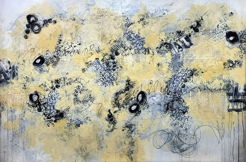 Mostly yellow and white background reveals multiple layers of collage and text, held together by multiple circles in black and grey making a "trepid" dance.