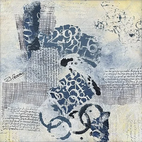Blues and tans complement text and graphical elements in "Gathering Pieces."