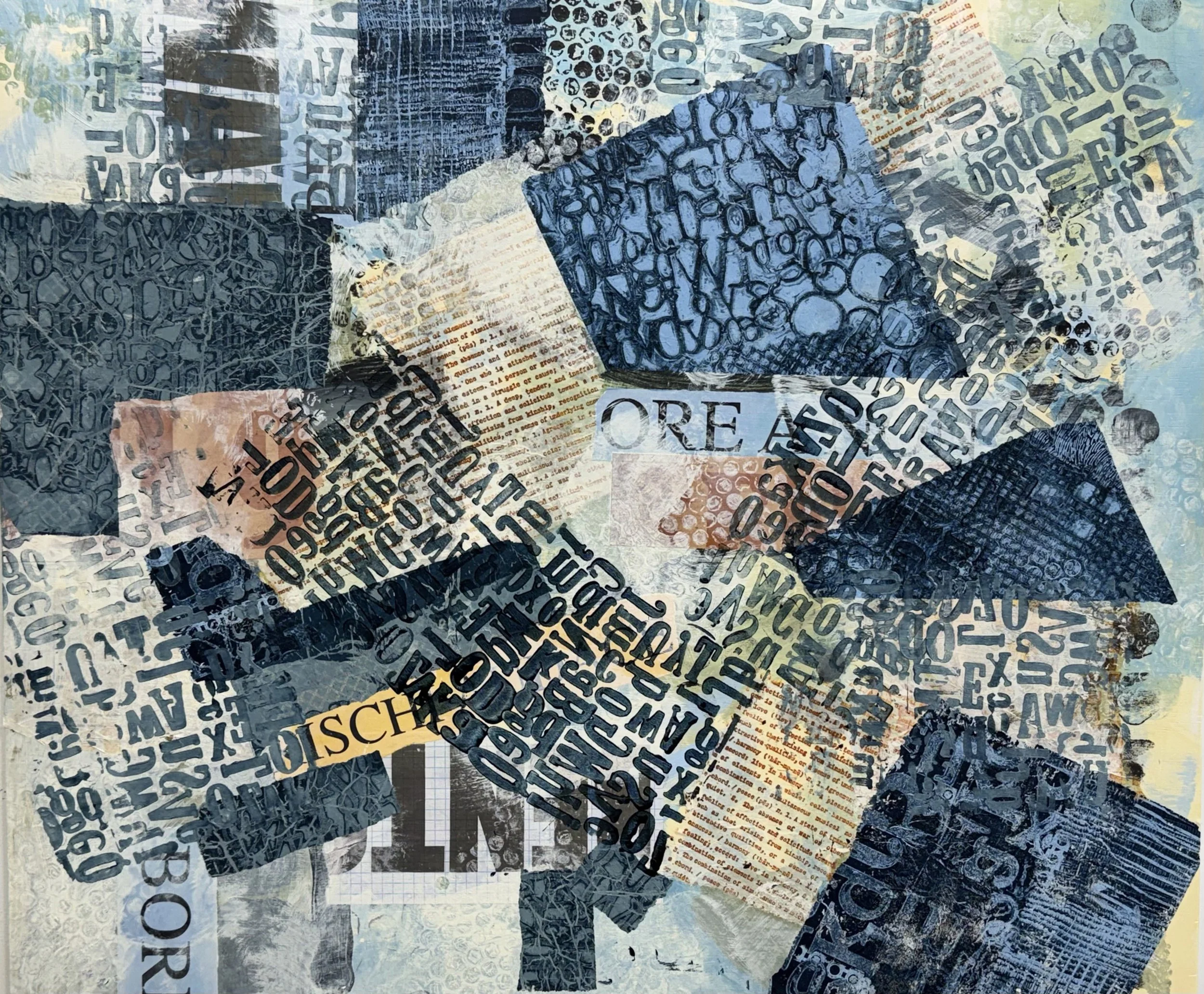 Abstract mixed-media collage featuring layered newspaper clippings, oversized typography, handwritten text, textured patterns, and blue-gray geometric shapes.