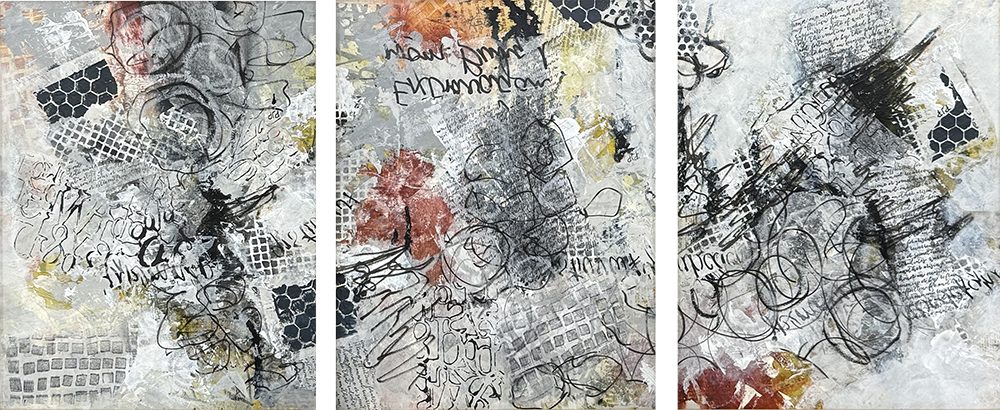 3 separate, but showing element crossover complete this lively triptych framed in natural wood.