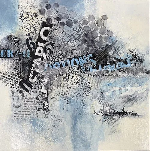 Blue and off-white background, with larger pieces of words and patterns being pulled into the upper third