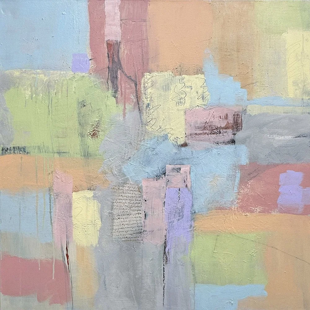 Multi-colored background with areas of a former layer slightly revealed.