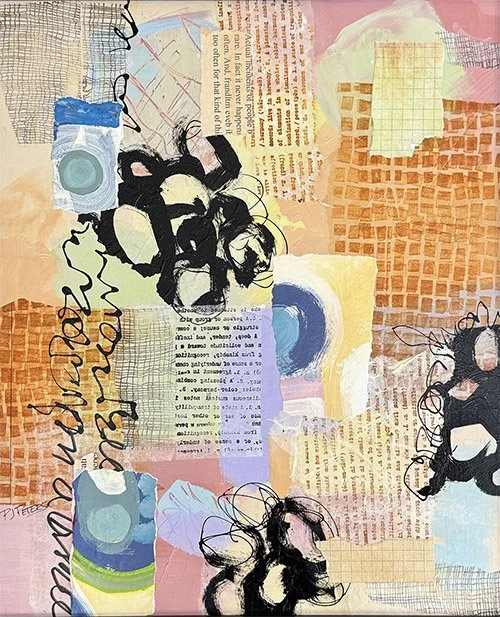 A colorful background with various textured collage complete this lively abstract.