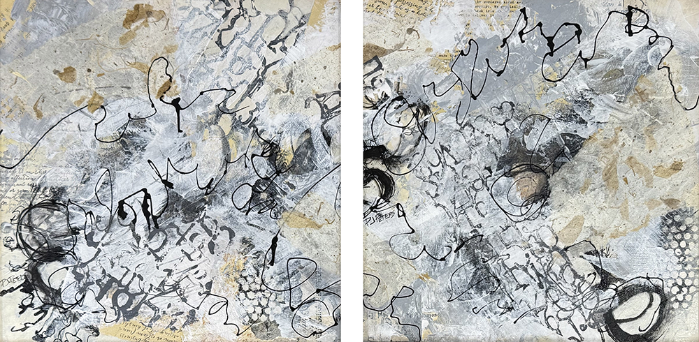 Two pieces with black, tan and grey backgrounds and crossover images complete this diptych.