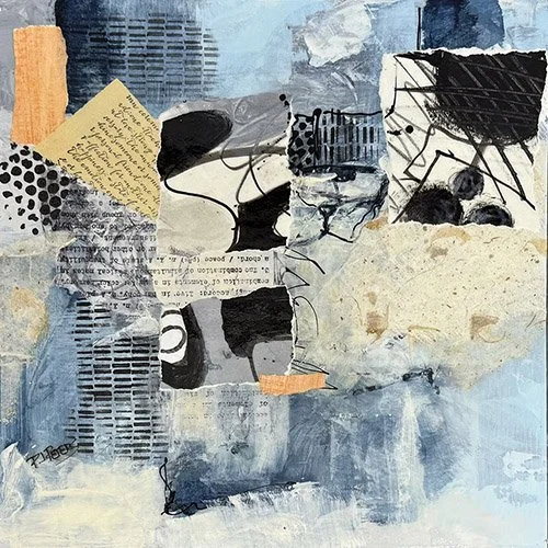 Blues and tans project a beach image while the black collage mimics chairs to relax in. Orange accents and text from books complete the image.