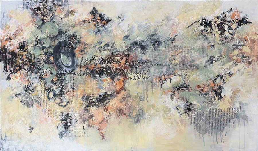 muted background of yellows and greens reveals a larger wheel-circle in this "keep on rolling' abstract.