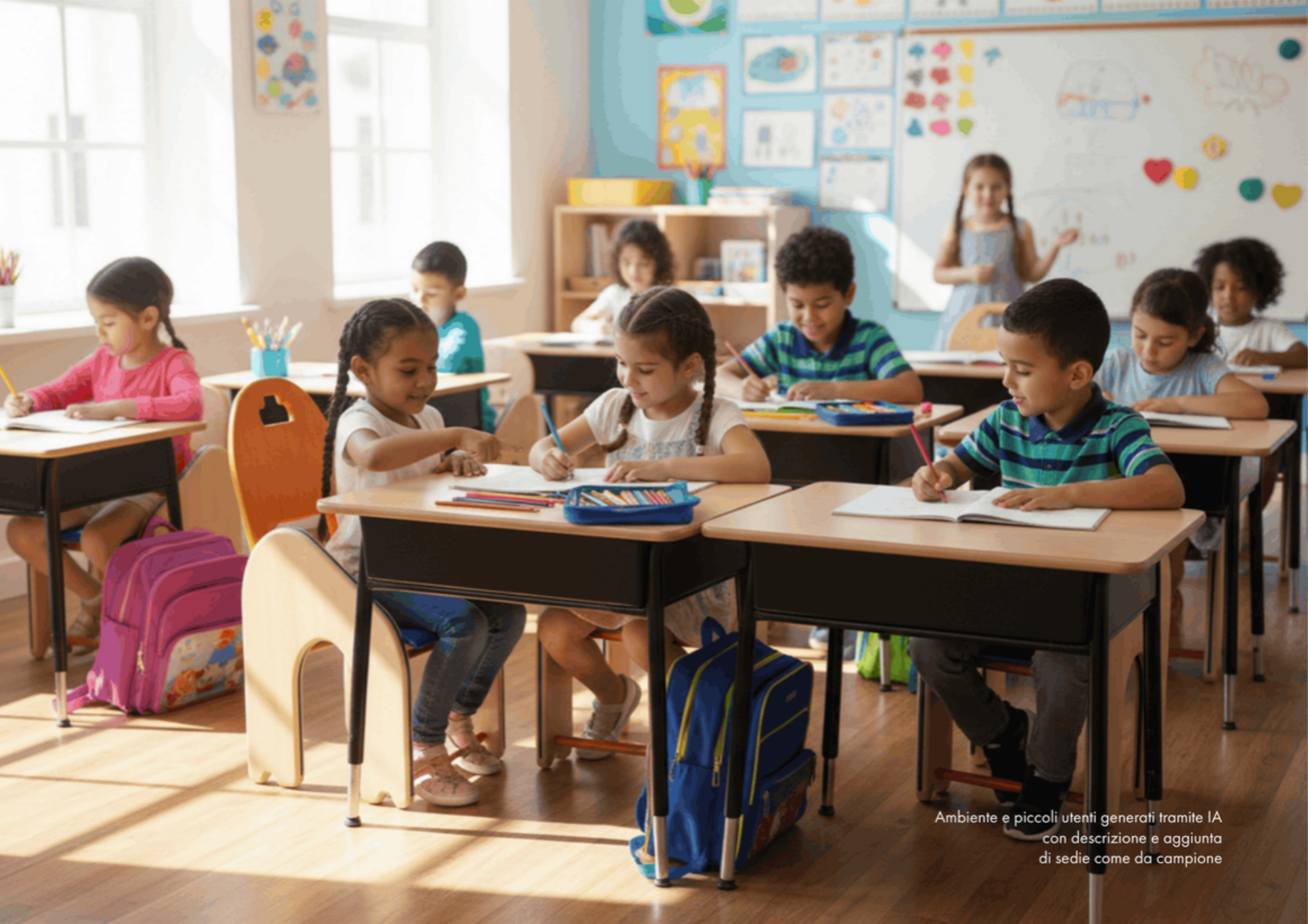Una classe di scuola elementare con bambini seduti ai banchi mentre una bambina in fondo scrive sulla lavagna. La stanza è luminosa e decorata con disegni alle pareti.