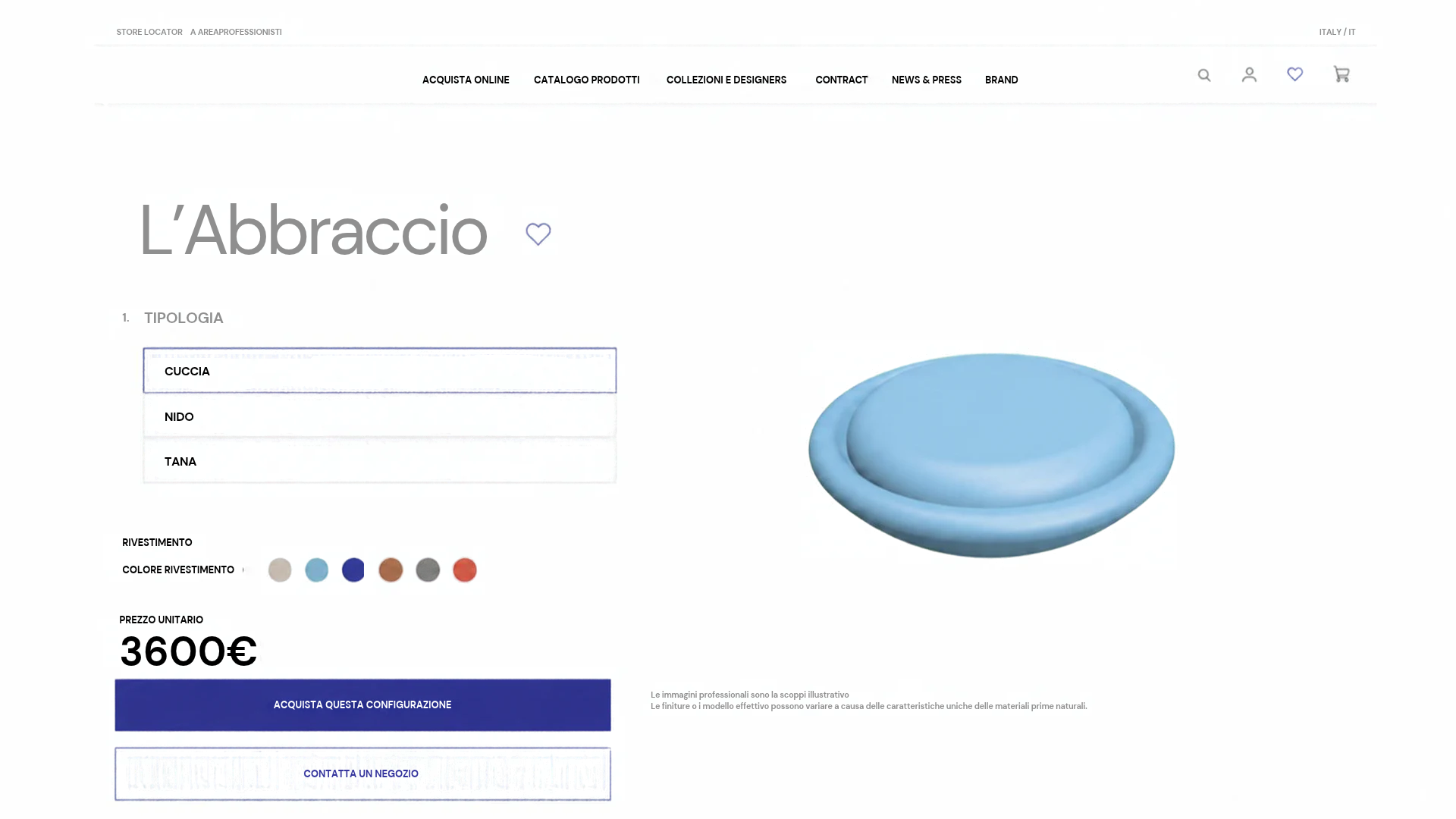 Pagina web di un negozio online di abbracci per cani, con una selezione di tipi di abbracci, colori, prezzo e un'immagine di un abbraccio blu.