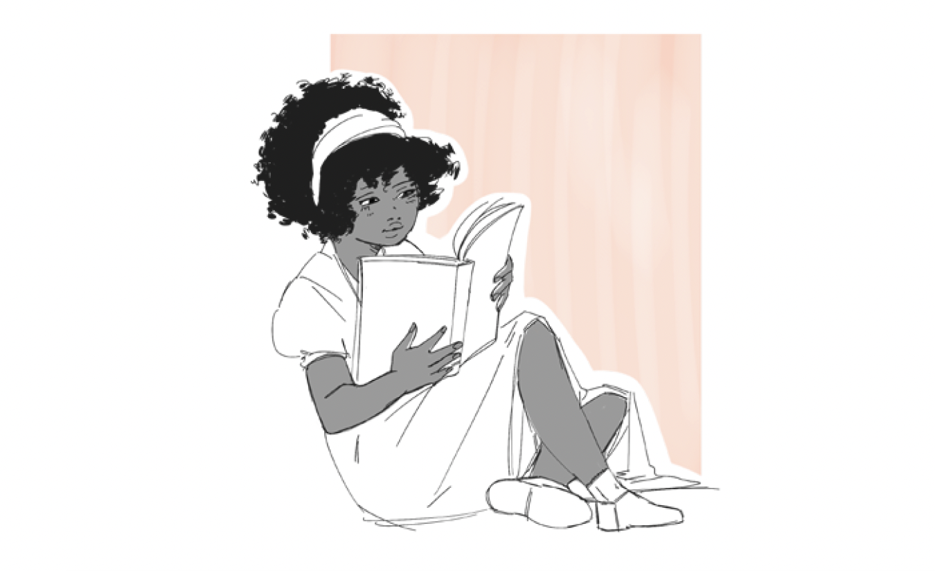Ragazza con capelli riccioli neri, vestita con vestito bianco, seduta e che legge un libro, con sfondo rosa