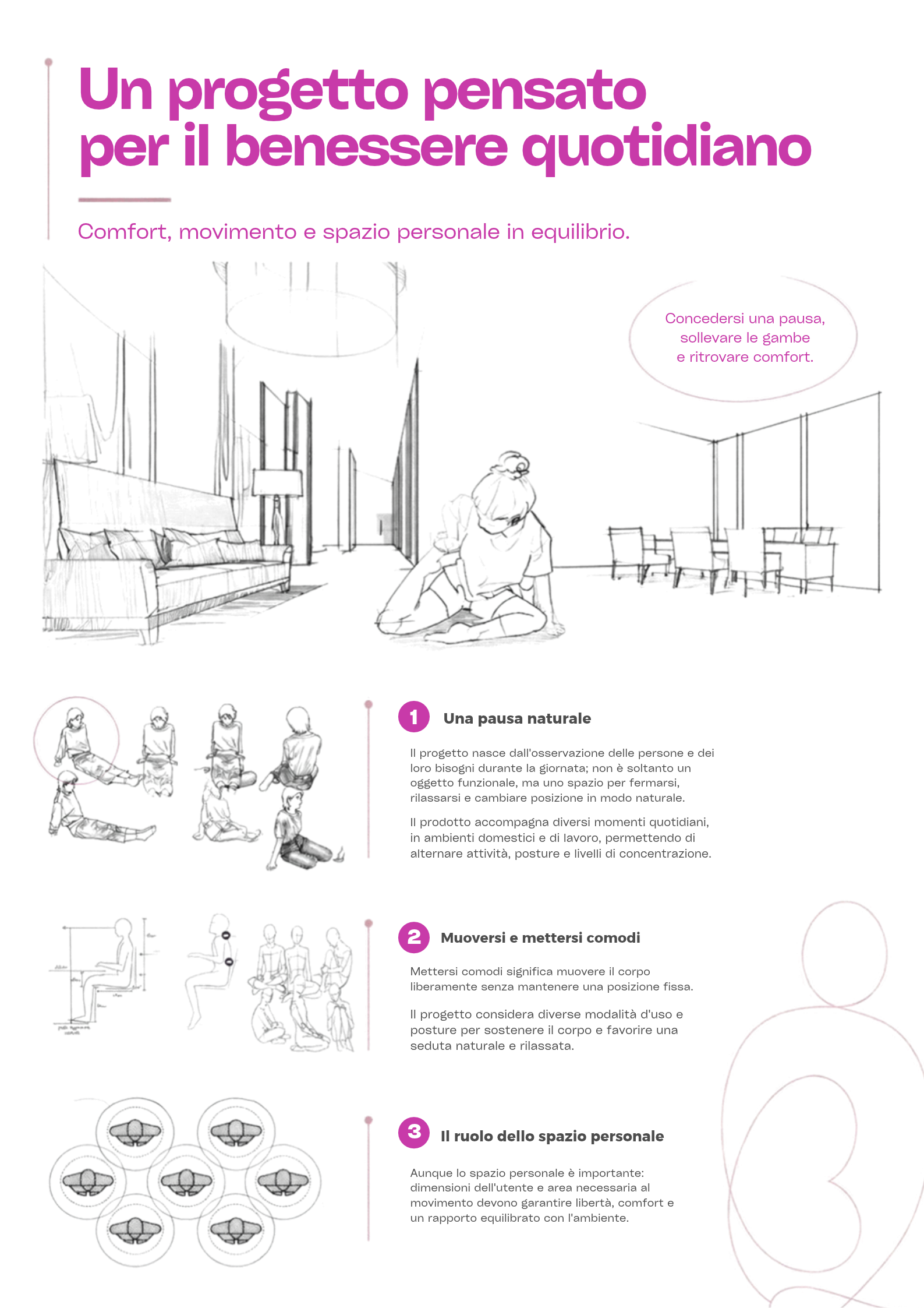 Immagine di una pagina di un documento con testo in italiano e schizzi di persone che si muovono e si rilassano, intitolata 'Un progetto pensato per il benessere quotidiano'.