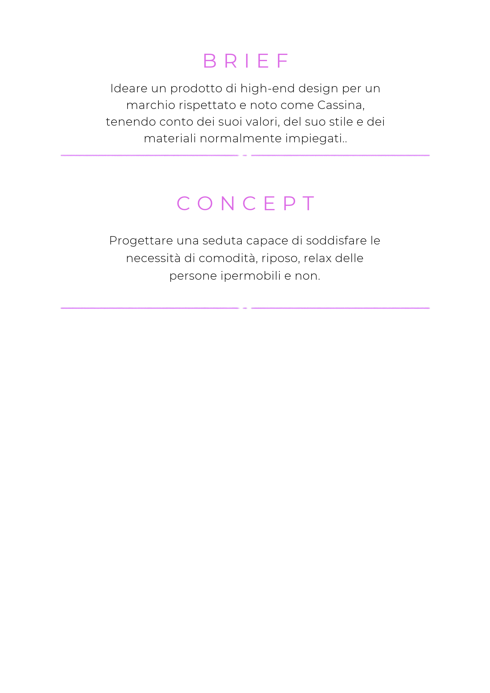 Pagina con testo in italiano riguardante lo sviluppo di un prodotto di high-end design e la progettazione di un'area relax e comfort.