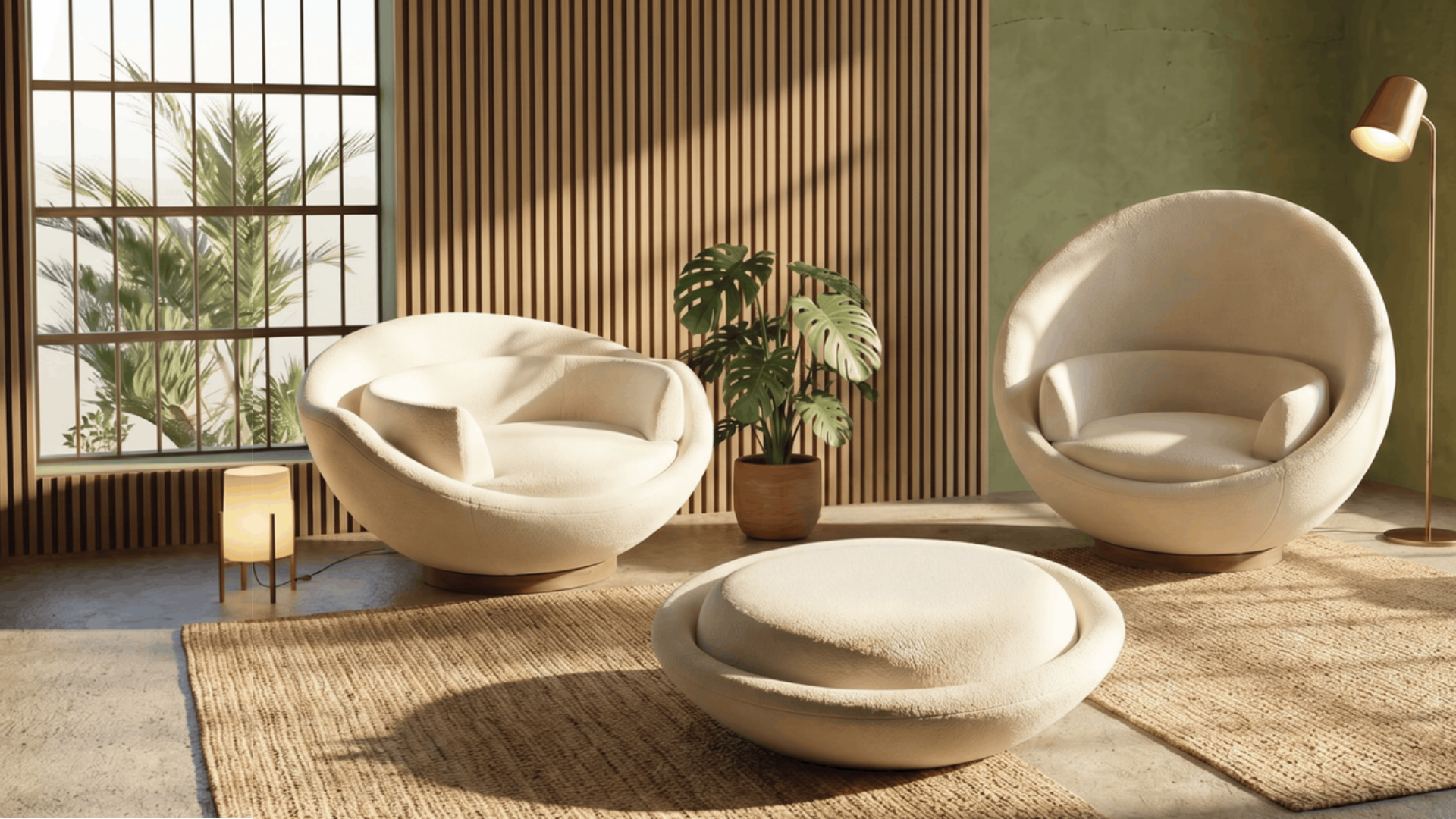 Un salotto decorato con due poltrone bianche rotonde, un tappeto di sisal, una lampada mentre il sole entra dalla finestra. C'è anche una pianta verde in un vaso di terracotta e una parete in legno.