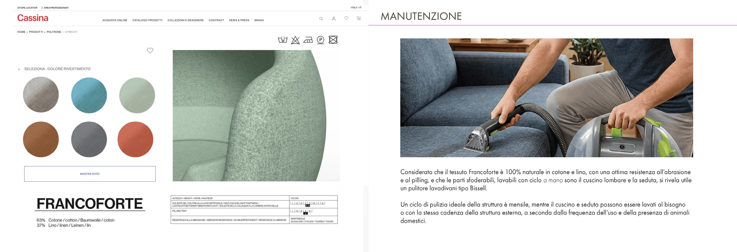Pagina di catalogo online di divani con dettagli sui materiali e le manutenzioni, mostra varie opzioni di colori per rivestimenti e un'immagine di persona che pulisce un divano con un'aspirapolvere.