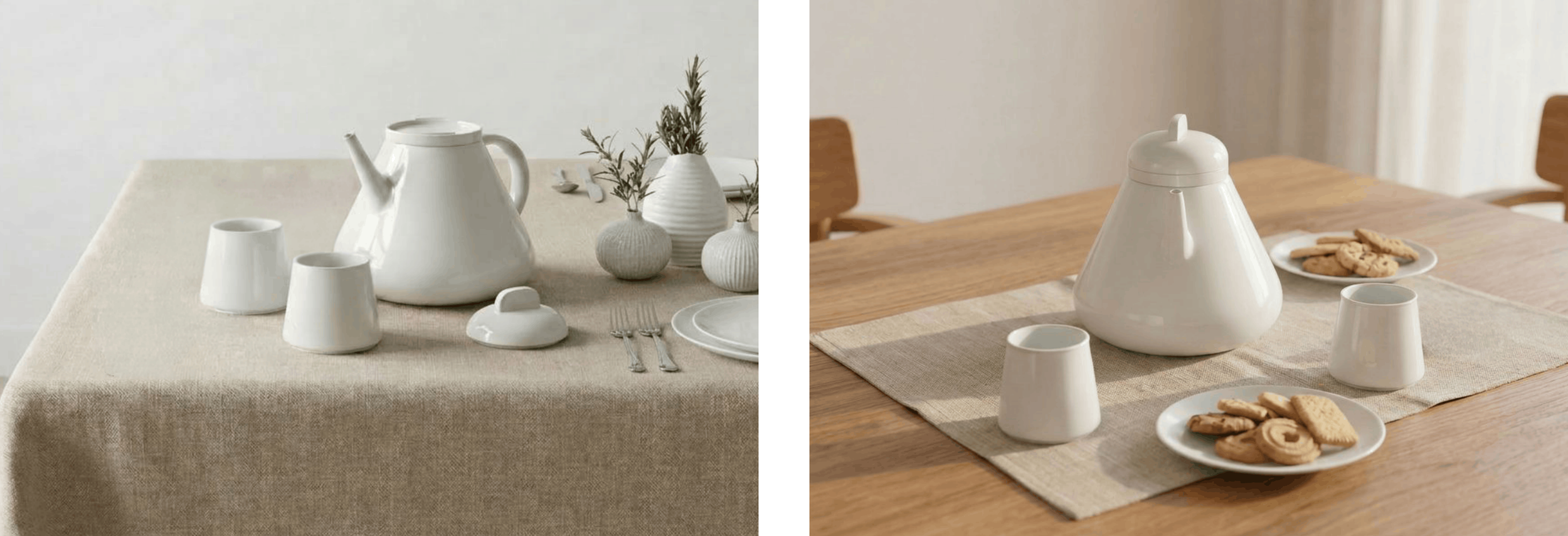 Tavola apparecchiata con una teiera bianca, due tazze, un piattino con biscotti, e tre vasi con piante verdi, una tovaglia beige