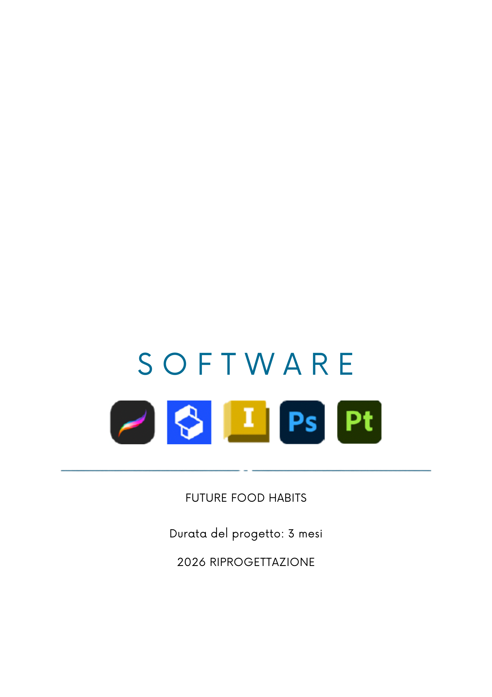 Copertina di un progetto intitolato 'Future Food Habits'. Include icone di vari software di design e un testo che indica la durata del progetto di 3 mesi, con una data di riferimento nel 2026.