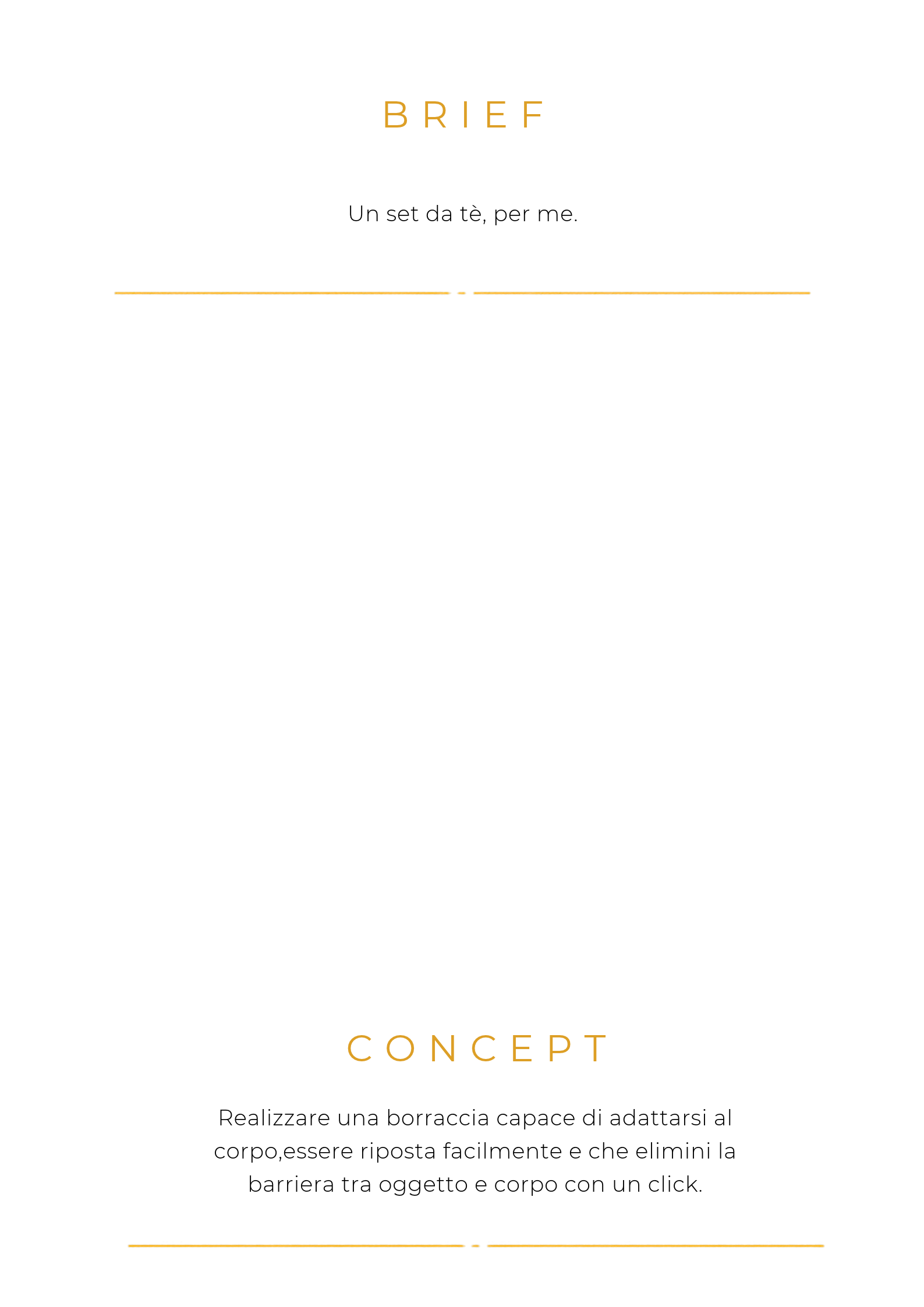 Pagina di presentazione con il titolo 'BRIEF CONCEPT' e testo in italiano che descrive la realizzazione di una borraccia adattabile al corpo, facile da chiudere e con funzione di barriera tra oggetto e corpo.