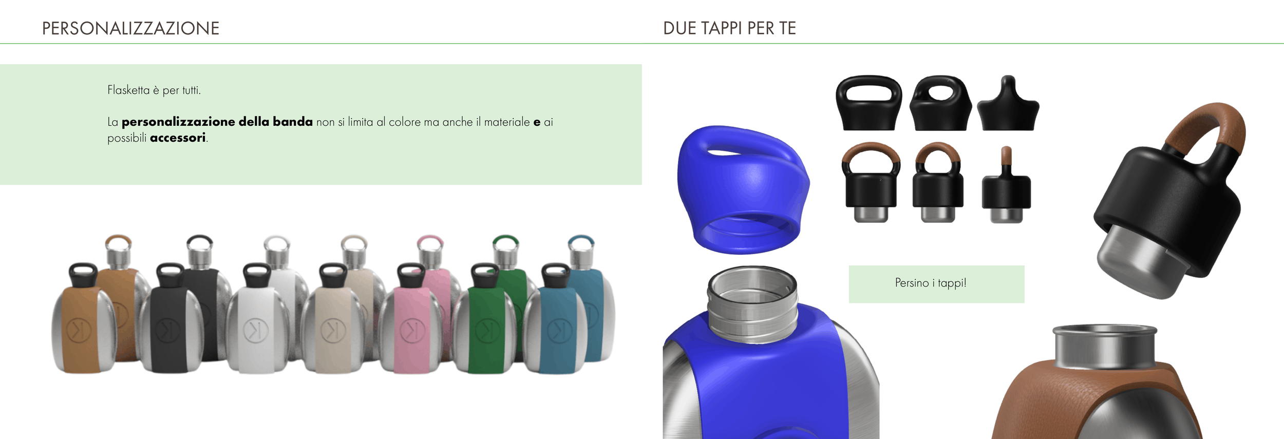 Immagine di bottiglie d'acqua di diversi colori con cappucci neri e accessori per personalizzare la tappatura, inclusi anelli colorati e tappi. Mostra anche un tappo blu e un tappo con manico in pelle marrone, insieme alla parte superiore di una bottiglia in acciaio con coperchio in pelle, evidenziando le opzioni di personalizzazione.