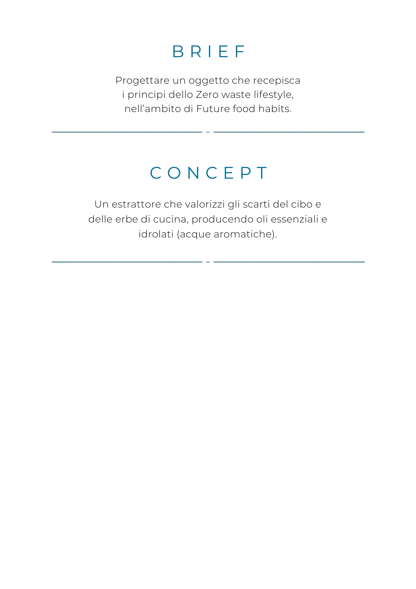 Una pagina con il titolo 'BRIEF' e 'CONCEPT' e testo descrittivo in italiano su progettazione di oggetti Zero waste e valorizzazione della cucina sostenibile.