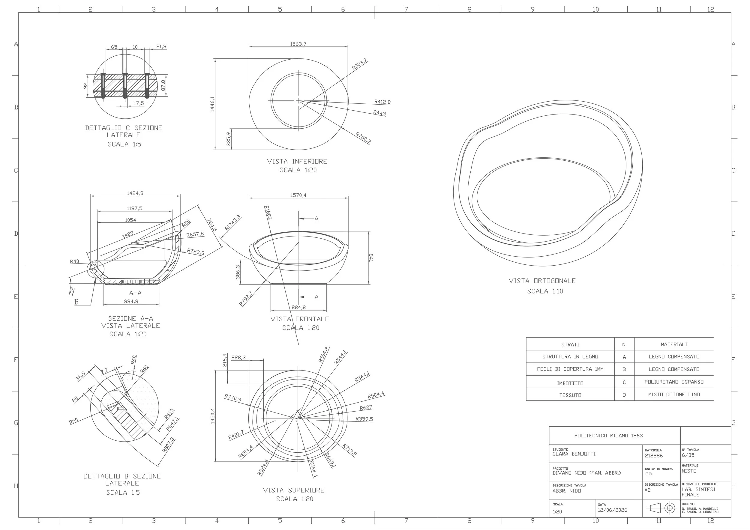 Disegno tecnico di una vasca da bagno con diverse viste e sezioni, con dimensioni e dettagli tecnici inclusi.